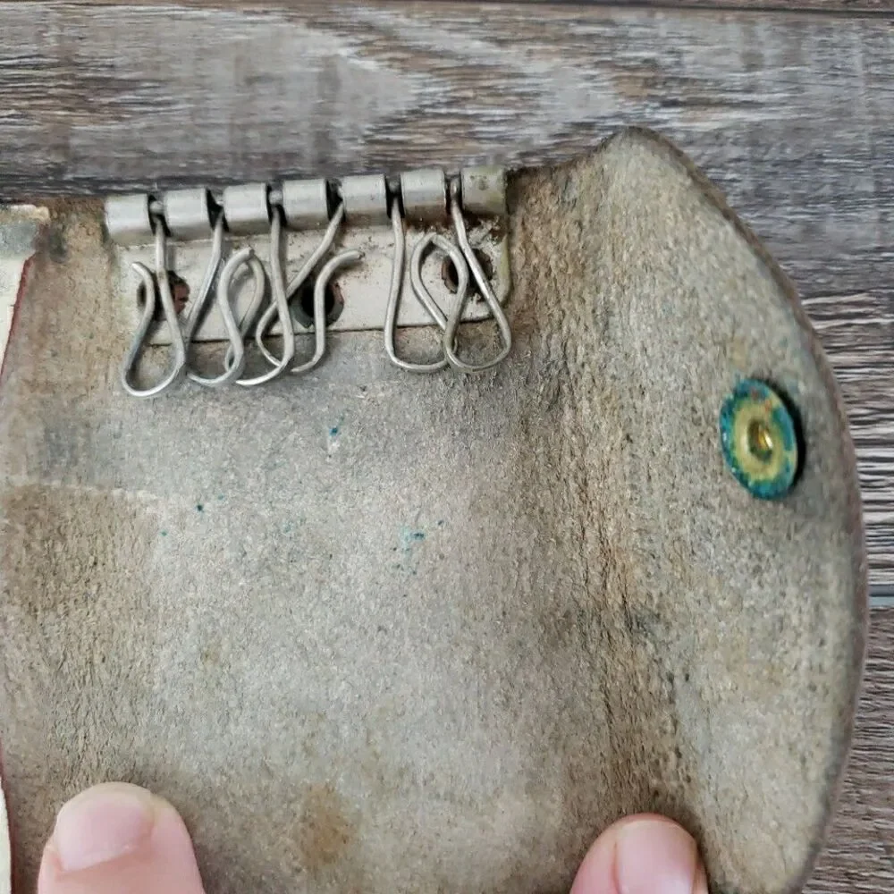 Vintage Leather Zipper Spring Temper Hook Key Card Holder Antique VTG